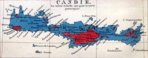 Map of Crete, 1861 showing distribution of Cretan Muslims (red) and Christians (blue).